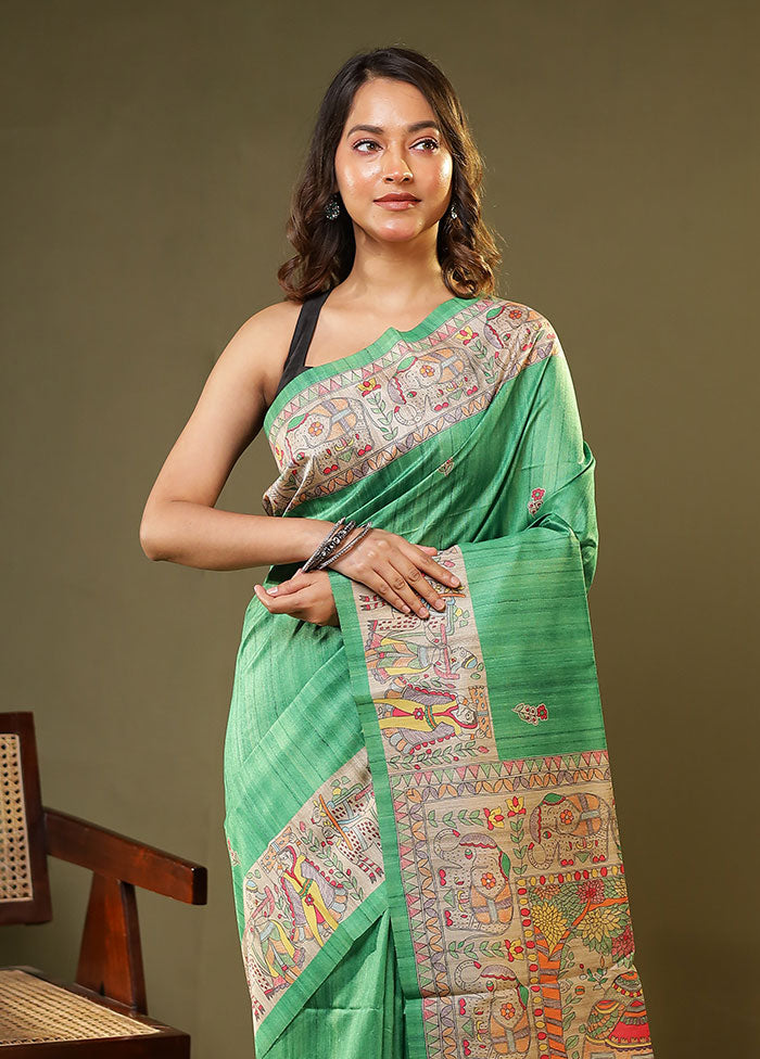 Green Tussar Silk Saree With Blouse Piece