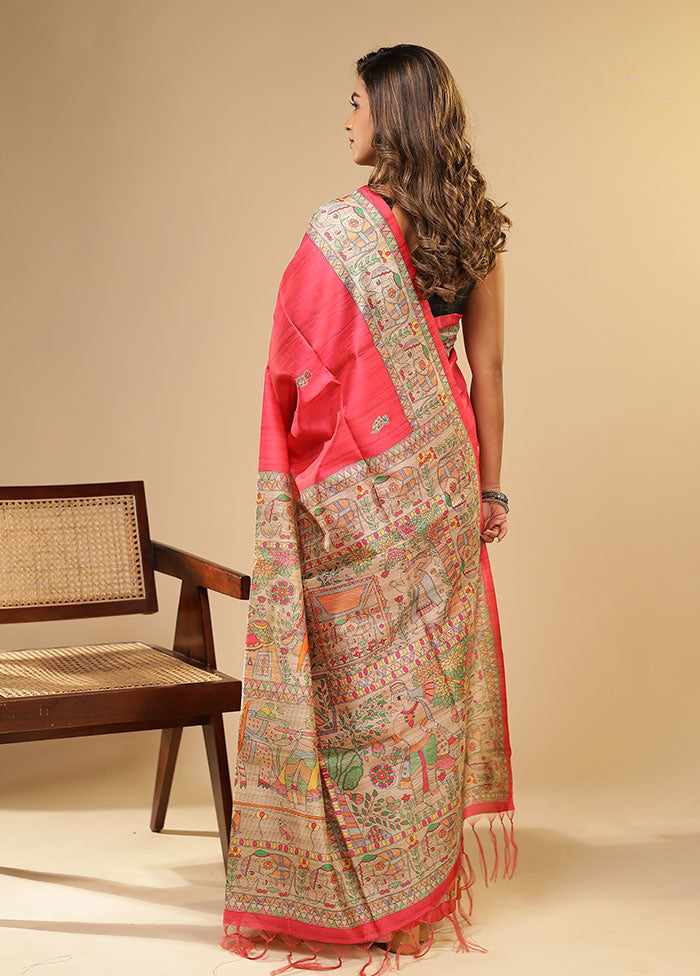 Pink Tussar Silk Saree With Blouse Piece