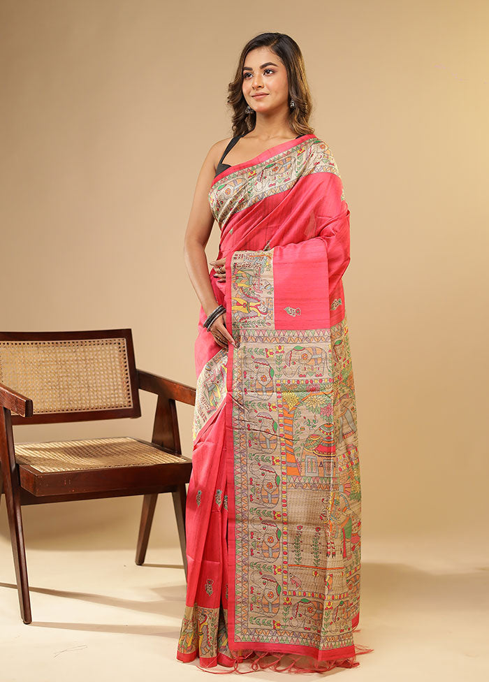 Pink Tussar Silk Saree With Blouse Piece