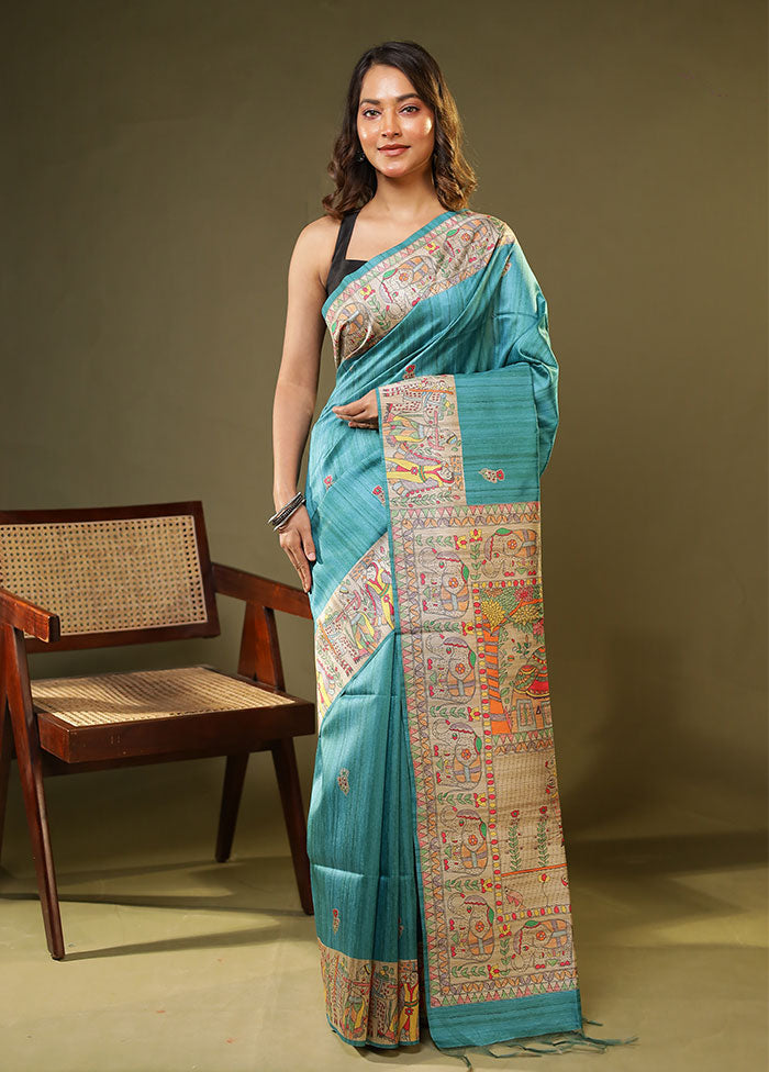 Blue Tussar Silk Saree With Blouse Piece