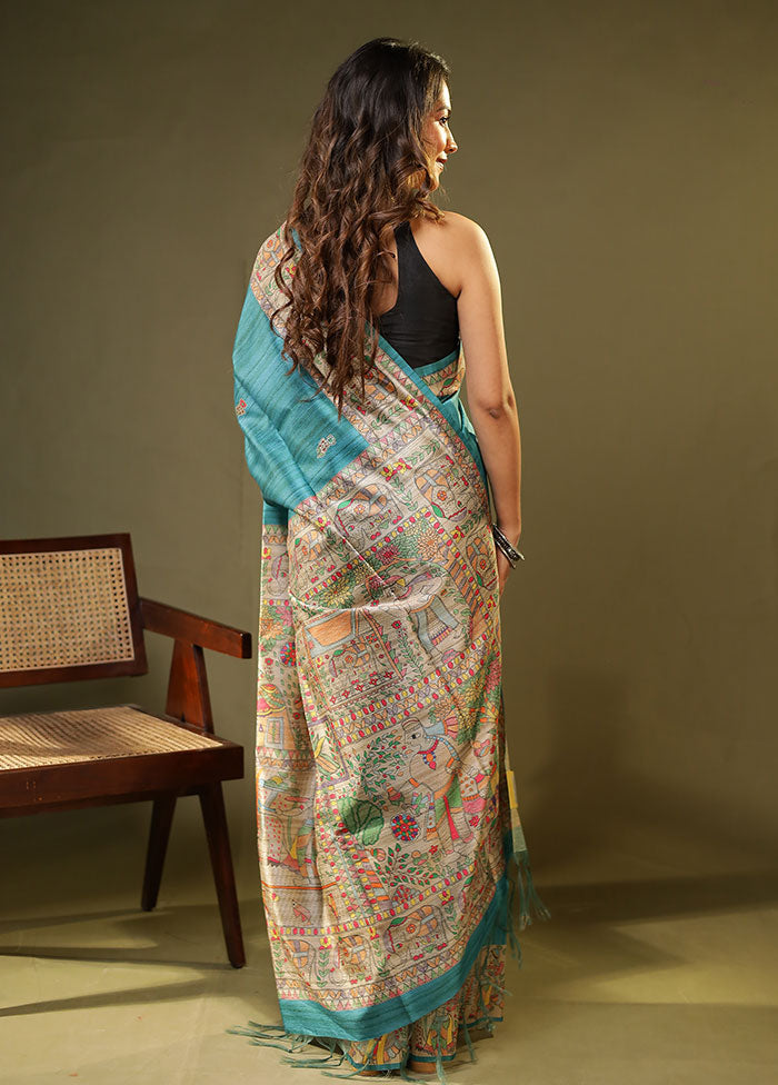 Blue Tussar Silk Saree With Blouse Piece