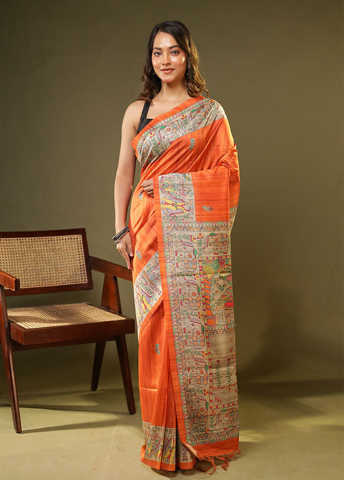 Orange Tussar Silk Saree With Blouse Piece