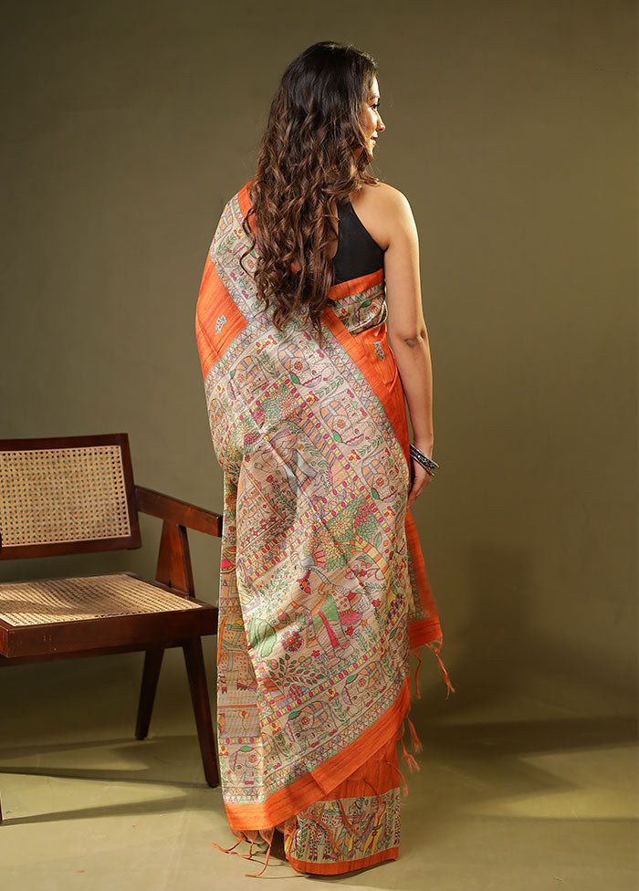 Orange Tussar Silk Saree With Blouse Piece