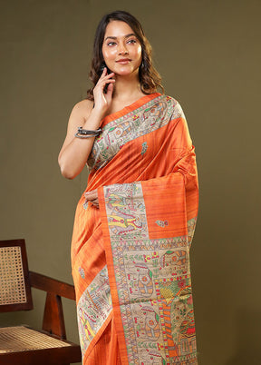 Orange Tussar Silk Saree With Blouse Piece