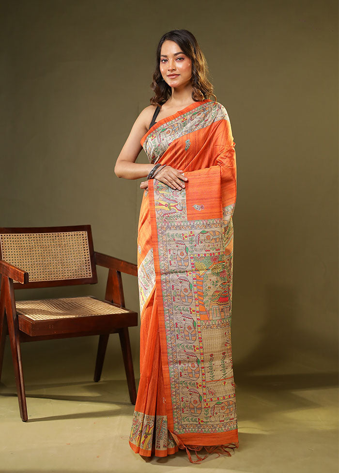 Orange Tussar Silk Saree With Blouse Piece