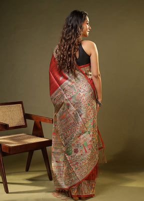 Maroon Tussar Silk Saree With Blouse Piece