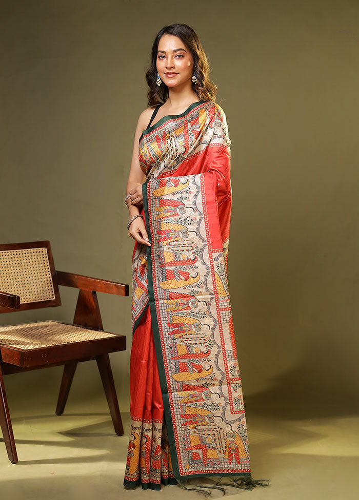 Red Tussar Silk Saree With Blouse Piece