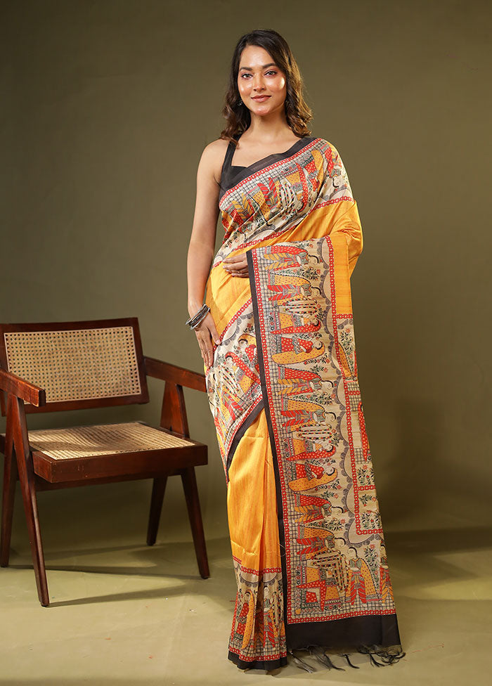 Yellow Tussar Silk Saree With Blouse Piece