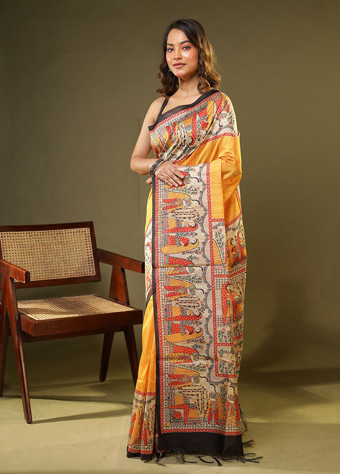 Yellow Tussar Silk Saree With Blouse Piece