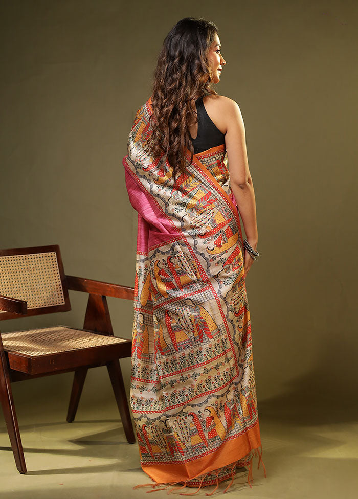 Pink Tussar Silk Saree With Blouse Piece