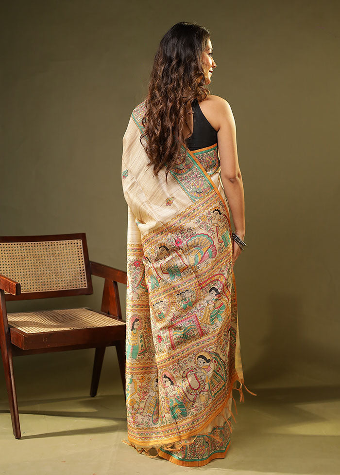 Cream Tussar Silk Saree With Blouse Piece