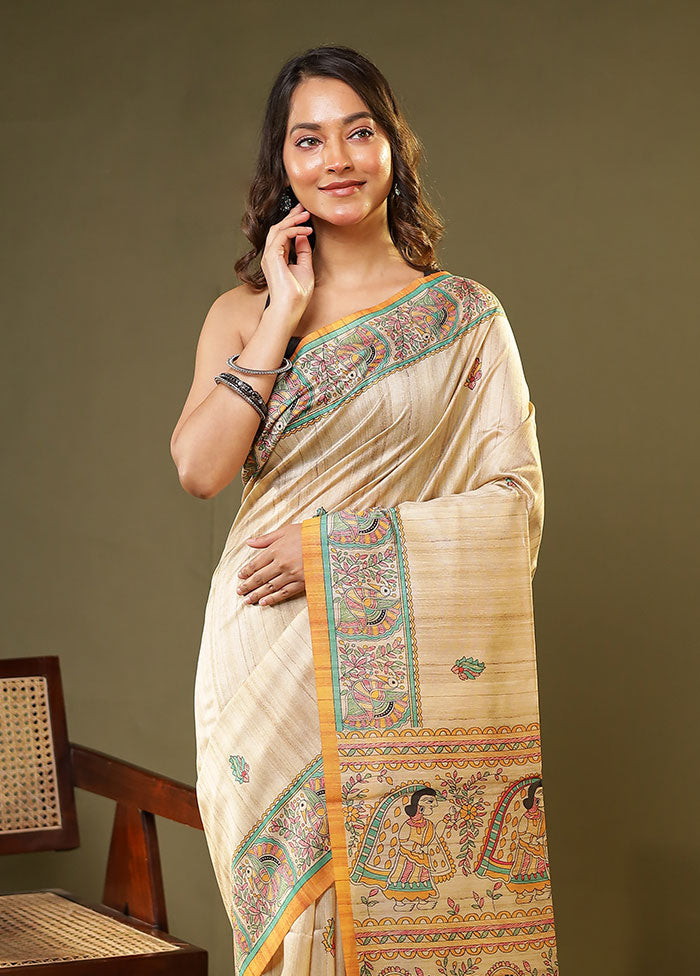 Cream Tussar Silk Saree With Blouse Piece
