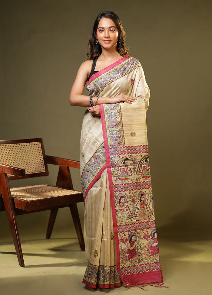 Cream Tussar Silk Saree With Blouse Piece