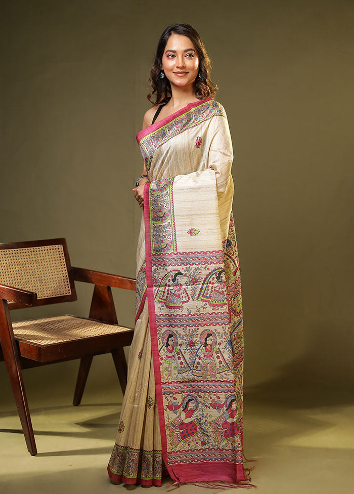 Cream Tussar Silk Saree With Blouse Piece