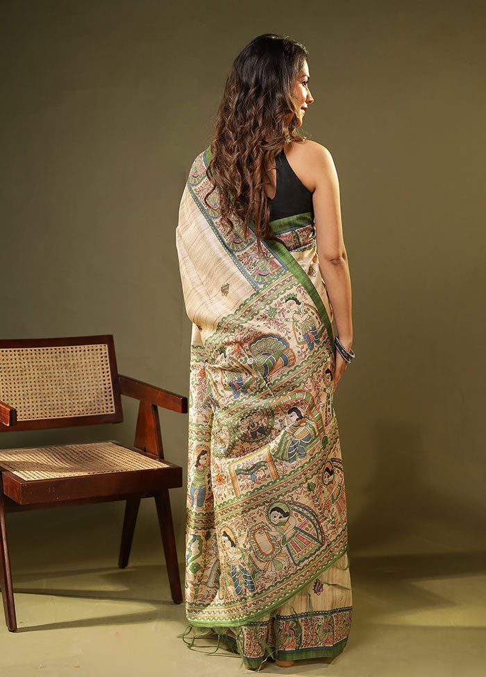 Cream Tussar Silk Saree With Blouse Piece