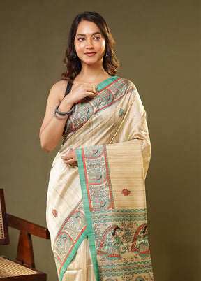Cream Tussar Silk Saree With Blouse Piece