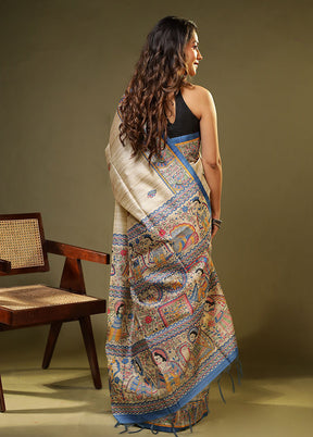 Cream Tussar Silk Saree With Blouse Piece