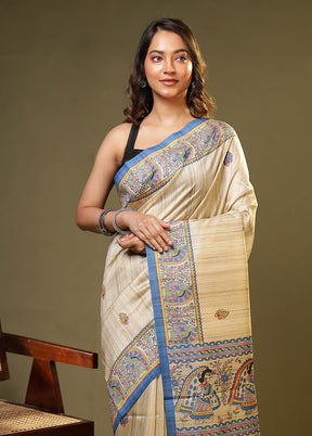 Cream Tussar Silk Saree With Blouse Piece