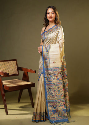 Cream Tussar Silk Saree With Blouse Piece