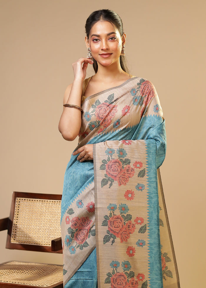 Blue Tussar Silk Saree With Blouse Piece