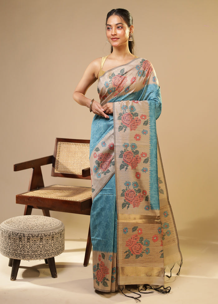 Blue Tussar Silk Saree With Blouse Piece