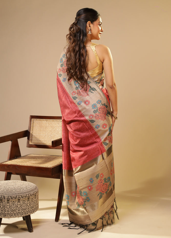 Pink Tussar Silk Saree With Blouse Piece
