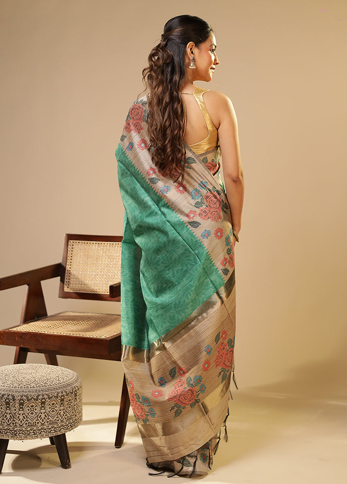 Green Tussar Silk Saree With Blouse Piece
