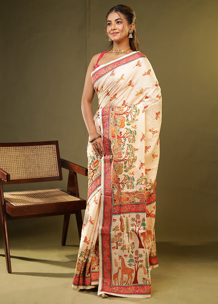 Cream Dupion Silk Saree With Blouse Piece