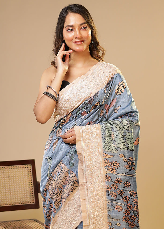 Blue Tussar Silk Saree With Blouse Piece