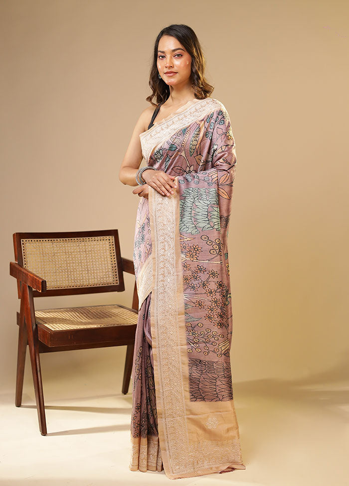 Purple Tussar Silk Saree With Blouse Piece