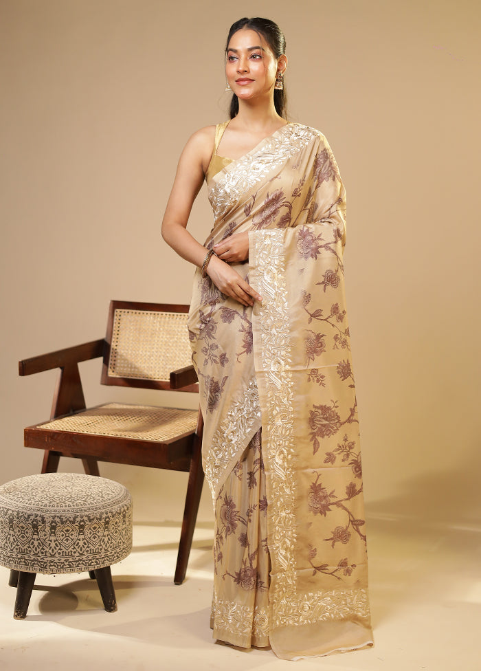 Cream Tussar Silk Saree With Blouse Piece