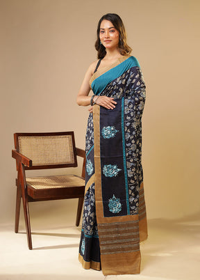 Blue Tussar Silk Saree With Blouse Piece
