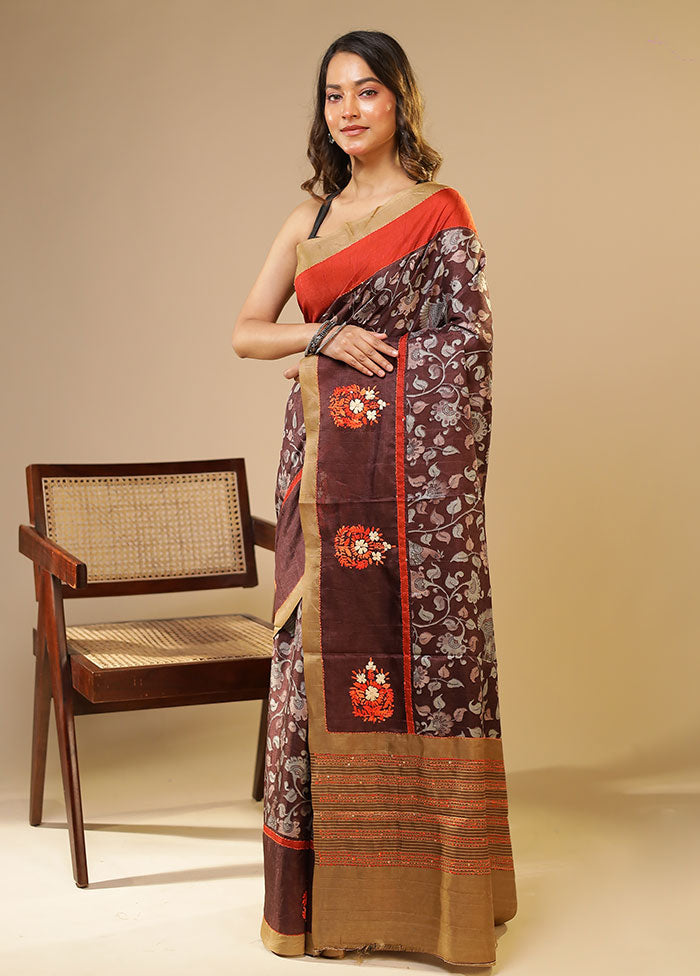 Maroon Tussar Silk Saree With Blouse Piece