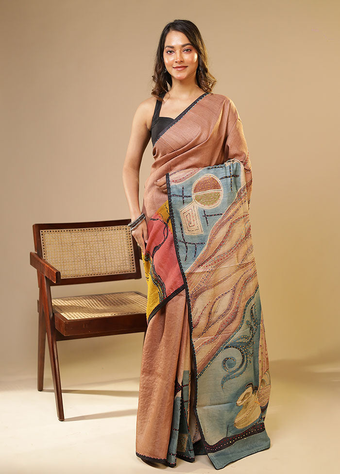 Multicolor Handloom Tussar Pure Silk Saree With Blouse Piece