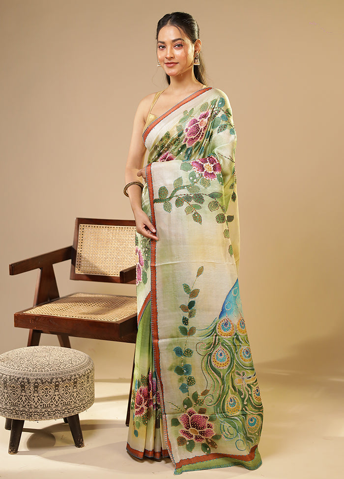 Green Handloom Tussar Pure Silk Saree With Blouse Piece