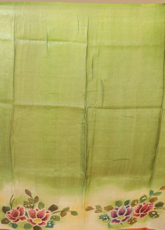Green Handloom Tussar Pure Silk Saree With Blouse Piece