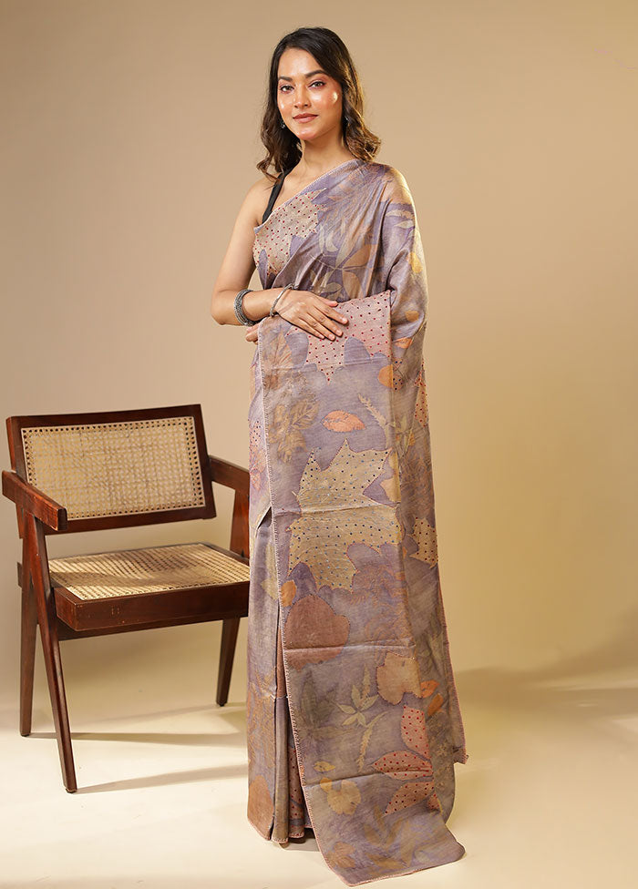 Purple Handloom Tussar Pure Silk Saree With Blouse Piece