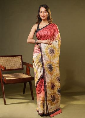 Cream Handloom Tussar Pure Silk Saree With Blouse Piece