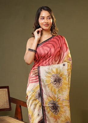 Cream Handloom Tussar Pure Silk Saree With Blouse Piece