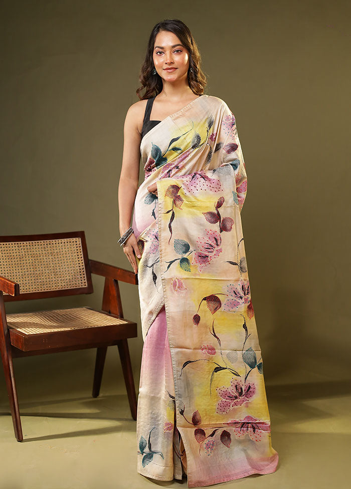 Cream Handloom Tussar Pure Silk Saree With Blouse Piece