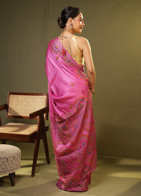 Pink Handloom Tussar Pure Silk Saree With Blouse Piece