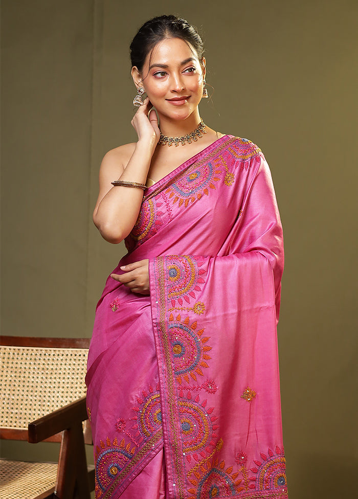 Pink Handloom Tussar Pure Silk Saree With Blouse Piece