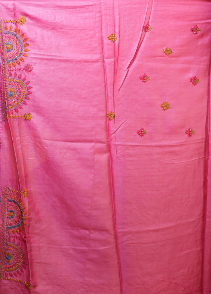 Pink Handloom Tussar Pure Silk Saree With Blouse Piece