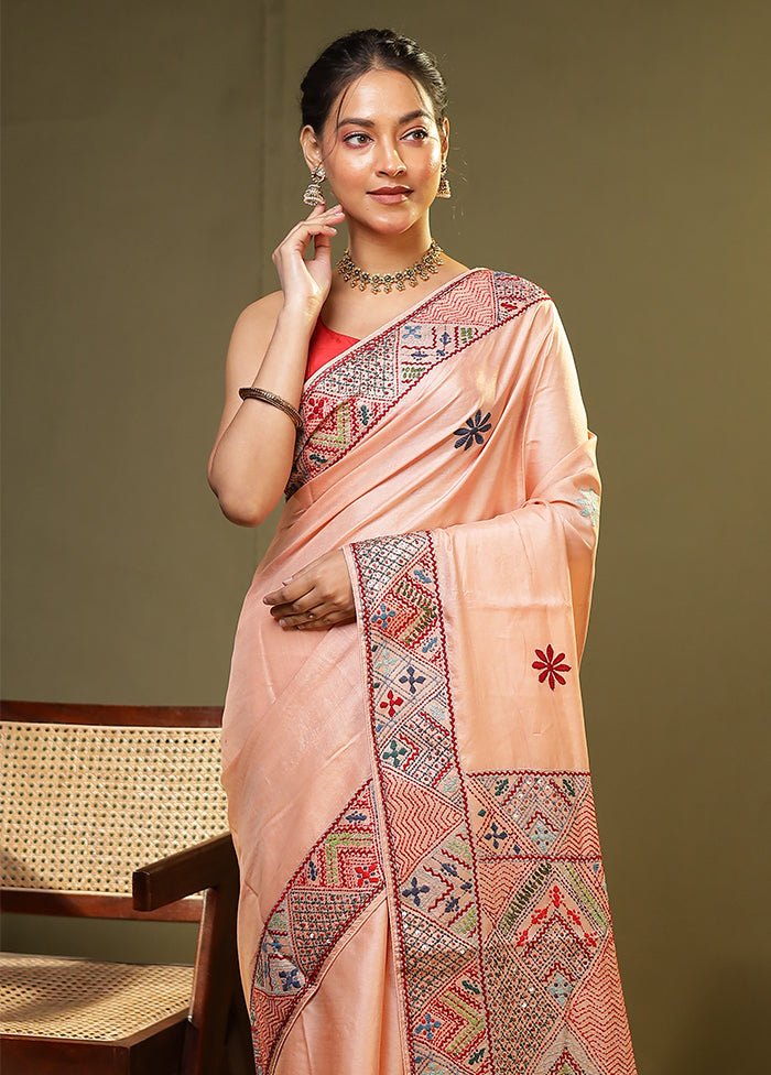 Peach Handloom Tussar Pure Silk Saree With Blouse Piece