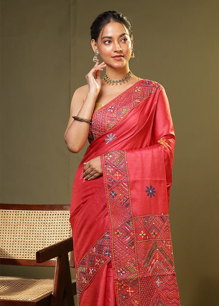 Pink Handloom Tussar Pure Silk Saree With Blouse Piece