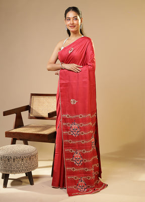 Red Handloom Tussar Pure Silk Saree With Blouse Piece