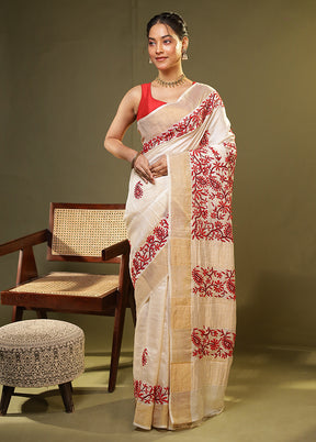 Cream Handloom Tussar Pure Silk Saree With Blouse Piece