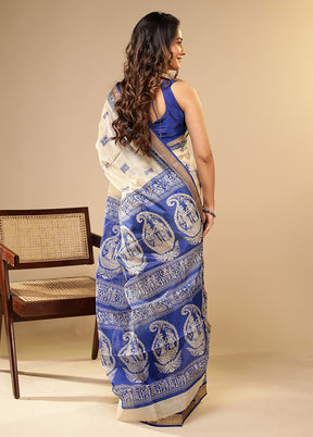 Cream Printed Pure Silk Saree Without Blouse Piece