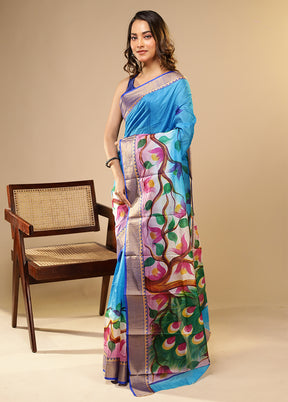 Blue Printed Pure Silk Saree Without Blouse Piece
