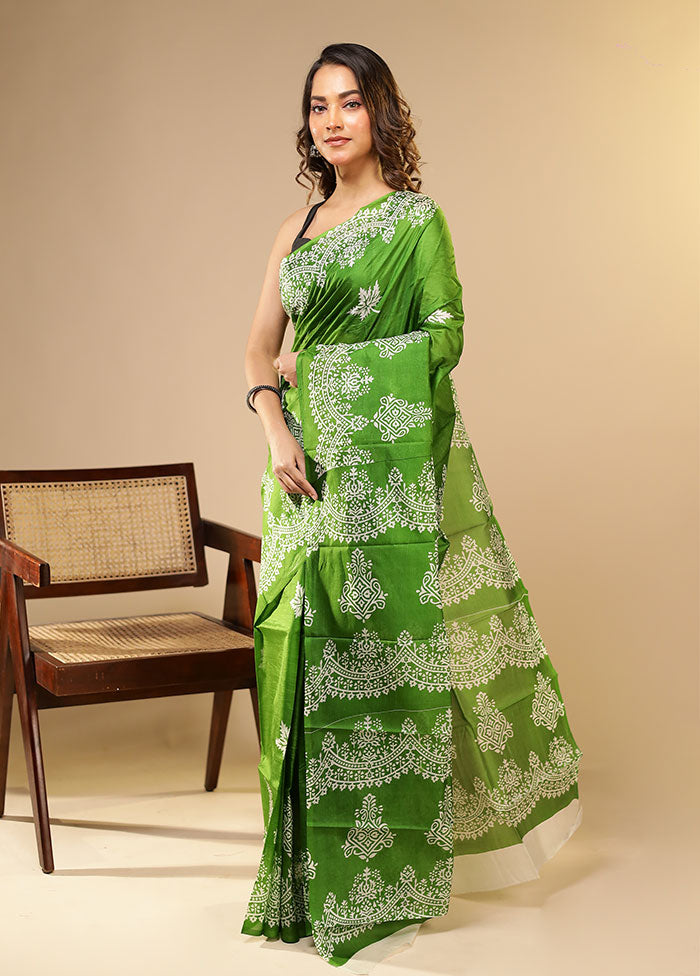 Green Printed Pure Silk Saree Without Blouse Piece